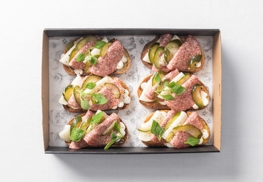 Salami, provolone & pickle open sandwich
