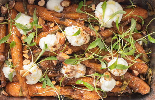 Roasted baby carrots, labneh & almonds