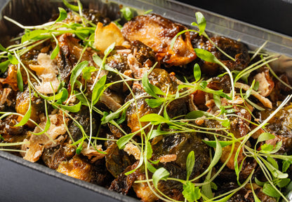 Brussels sprouts, ginger garlic & crispy shallots