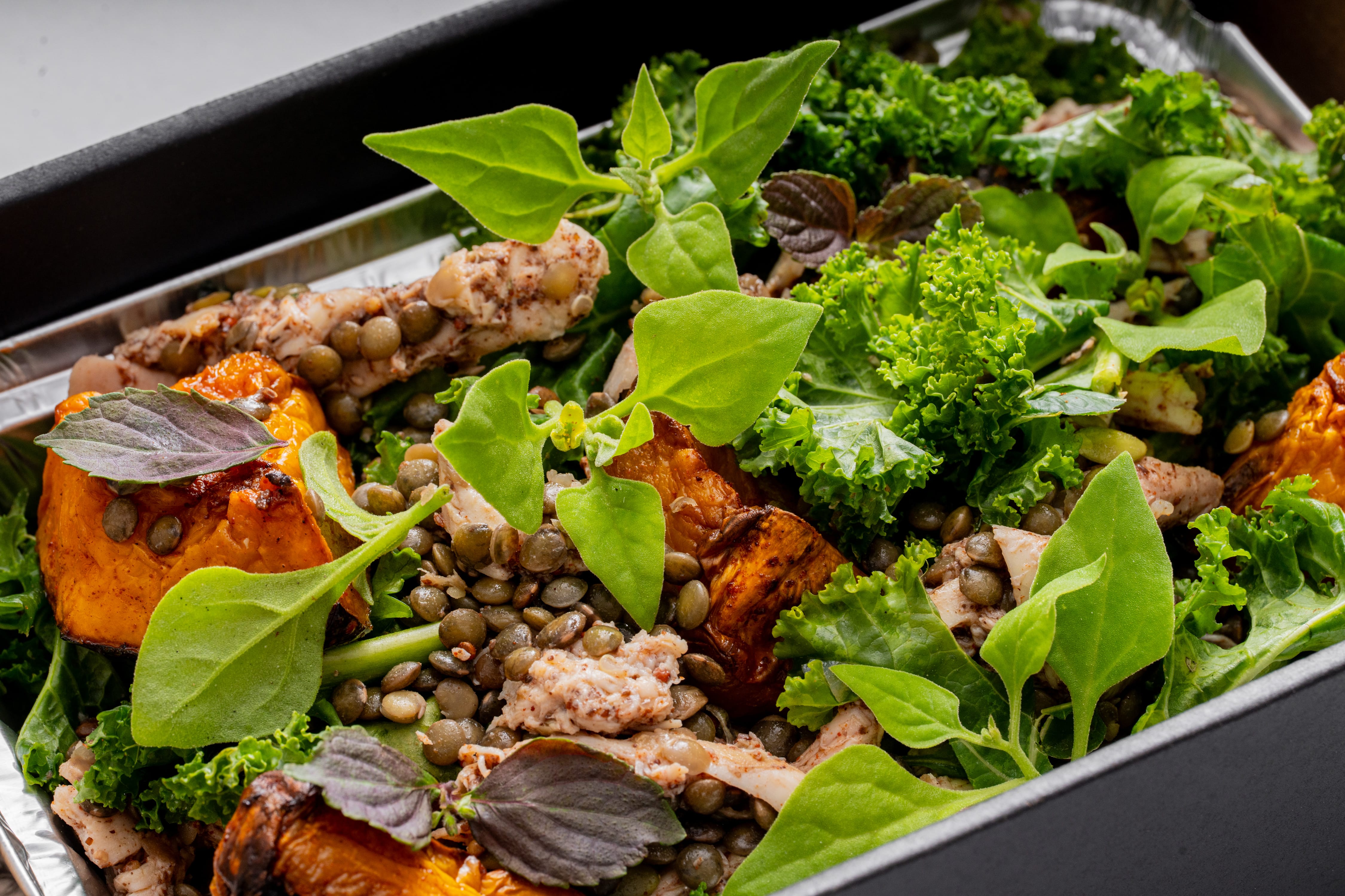 Roast pumpkin, chicken, lentils & pepitas – Catering by Simon Sandall