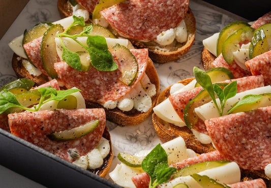 Salami, provolone & pickle open sandwich