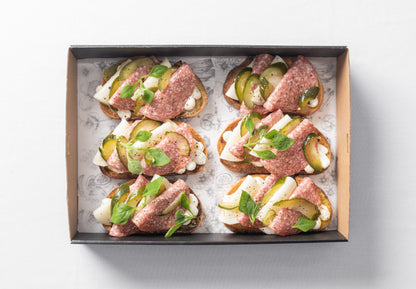 Salami, provolone & pickle open sandwich